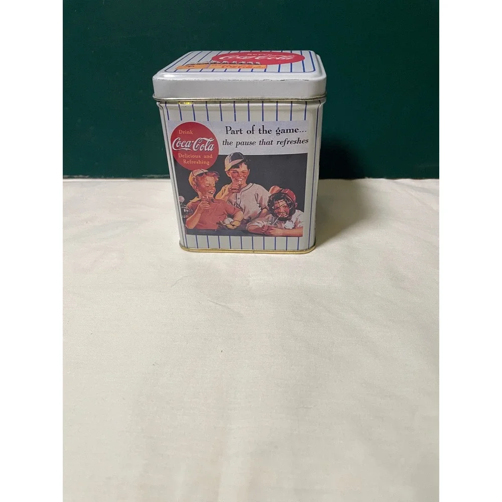 Vintage Coca-Cola Baseball Theme Collectible Tin Square Metal Storage Box 5in